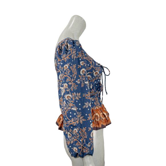 House of Harlow 1960 Small BOHO Lace up Blouse Nastassia Blue - Picture 3 of 7